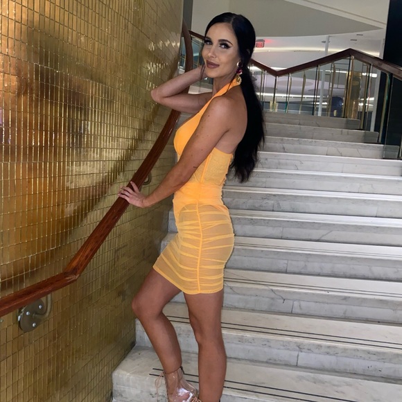 OH POLLY SUNSHINE SOIREE HALTER MESH MINI DRESS IN ORANGE, SIZE UK  8 - Picture 7 of 7